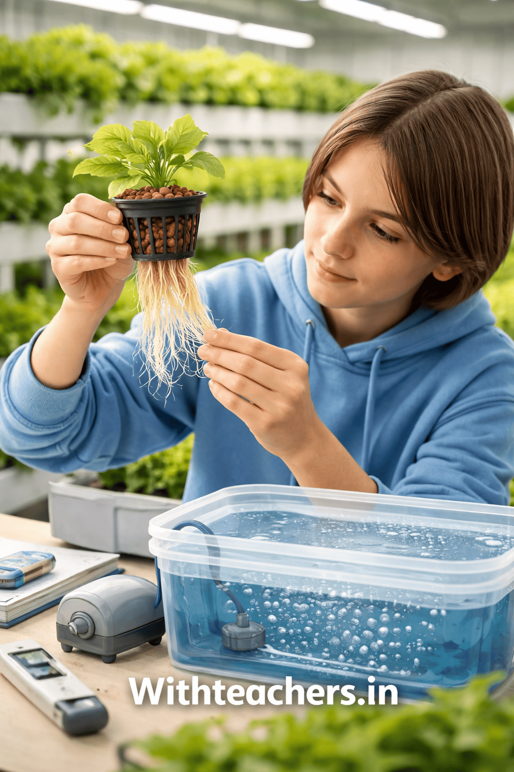 Student studying hydroponic plant growth